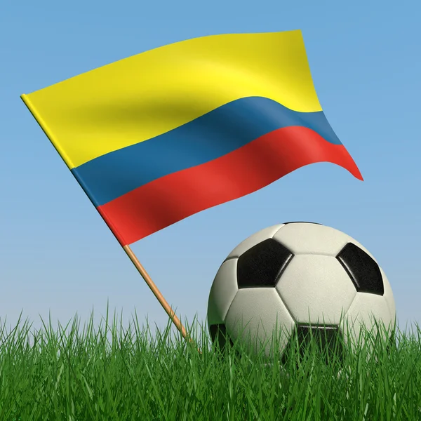 Voetbal Het Gras Vlag Van Colombia Tegen Blauwe Hemel — Stockfoto