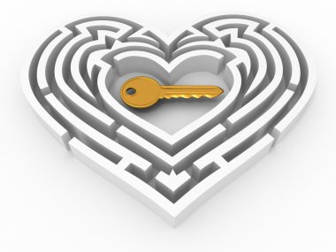 Key in the center of labyrinth in form of heart. 3d clipart