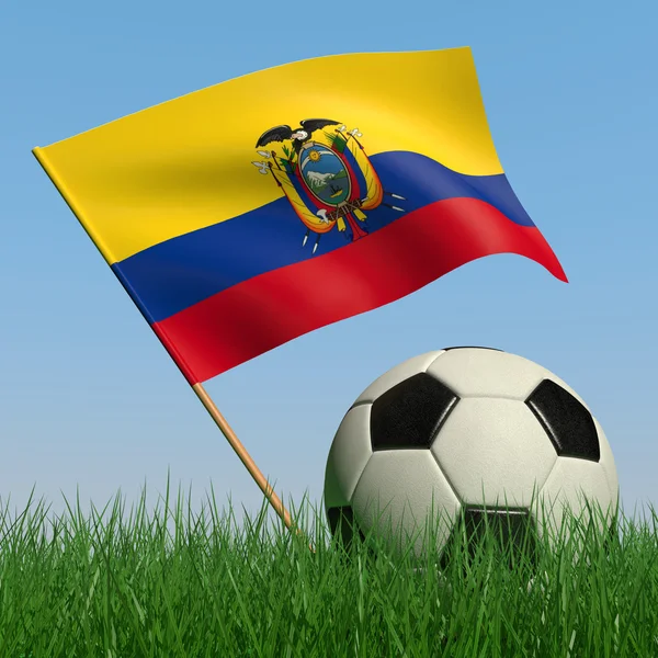 Balón de fútbol en la hierba y la bandera de Ecuador — Foto de Stock