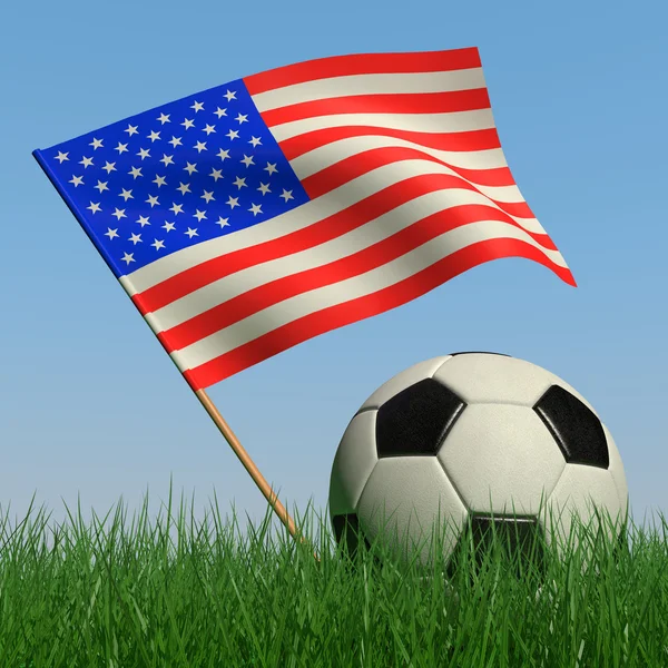 Voetbal Het Gras Vlag Van Verenigde Staten Tegen Blauwe Hemel — Stockfoto