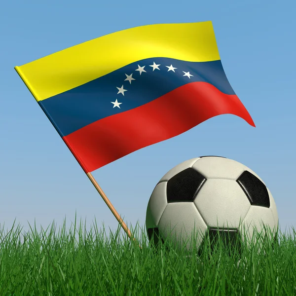 Fotbalový Míč Trávě Vlajka Venezuely Proti Modré Obloze — Stock fotografie