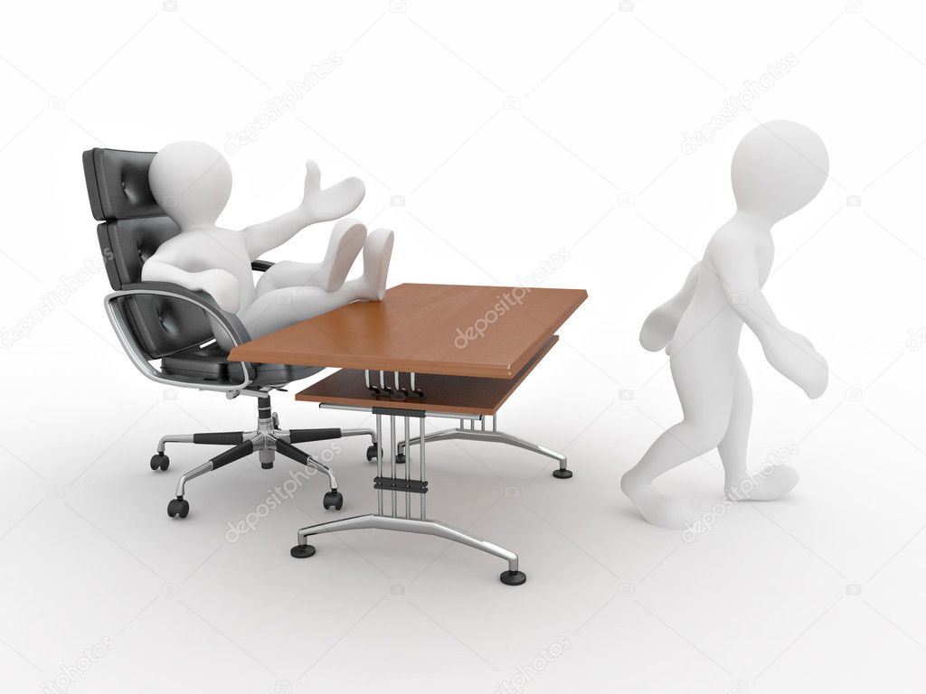 Boss fires employee on white isolated background. 3d
