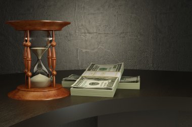 Hourglass and money on the desk. 3d clipart