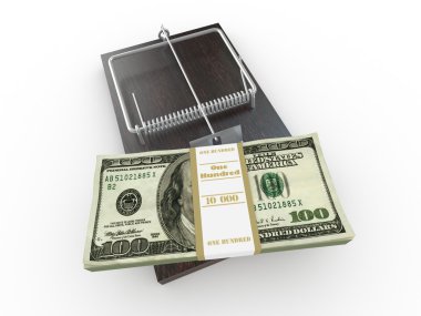 Mousetrap with dollar on white isolated background. 3d