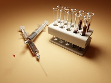 Laboratory. Syringes with blood and many flacks clipart