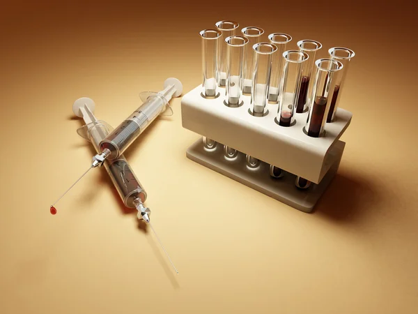 Laboratoř. injekční stříkačky s krví a mnoho expatrioti — Stock fotografie