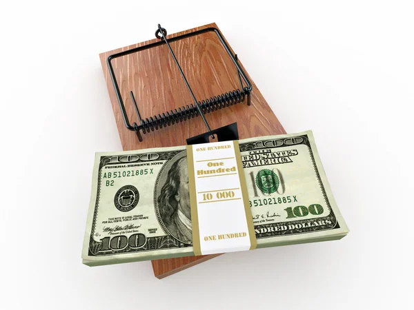 Mousetrap met dollar op witte geïsoleerde achtergrond — Stockfoto