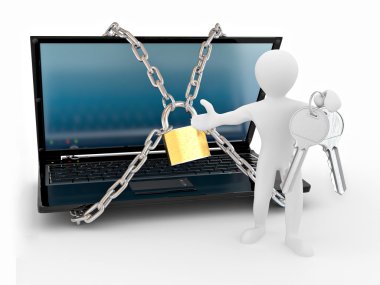 Men with keys and laptop with chains and lock clipart