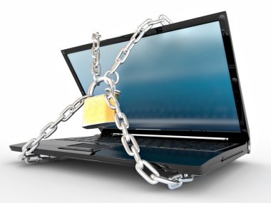 Laptop with chains and lock on white isolated background clipart