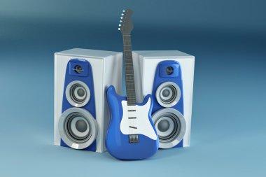 gitar ve mavi zemin üzerine louspeakers