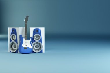 gitar ve mavi zemin üzerine louspeakers