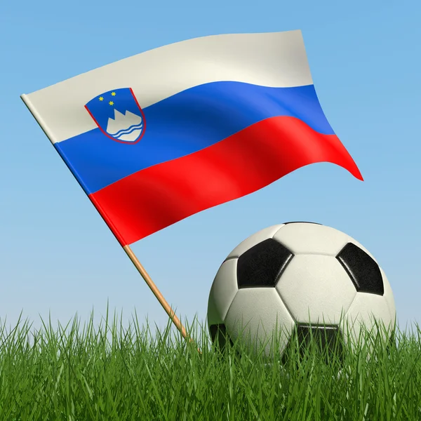 Pelota de fútbol en el césped y la bandera de Eslovenia . —  Fotos de Stock
