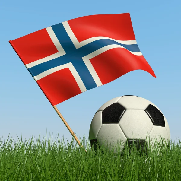 Pallone da calcio sull'erba e bandiera norvegese . — Foto Stock