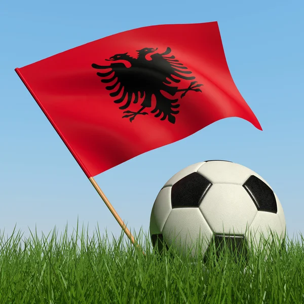 Fußball im Gras und Flagge Albaniens. — Stockfoto