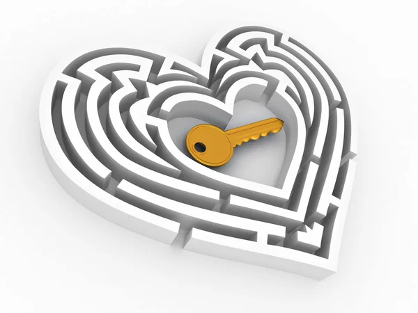 Klíč v centru labyrint v podobě srdce — Stock fotografie
