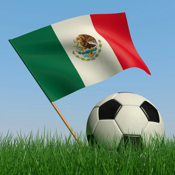 Voetbal in het gras en de vlag van mexico — Stockfoto