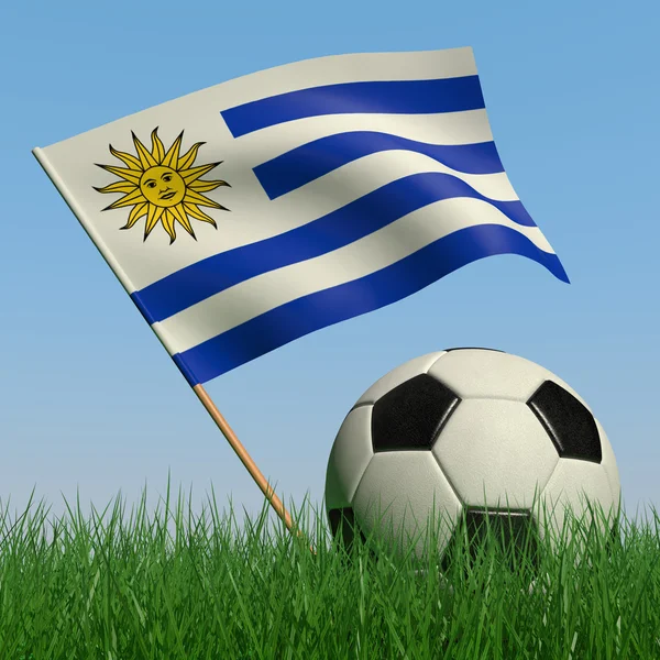 Bola de futebol na grama e a bandeira do Uruguai — Fotografia de Stock