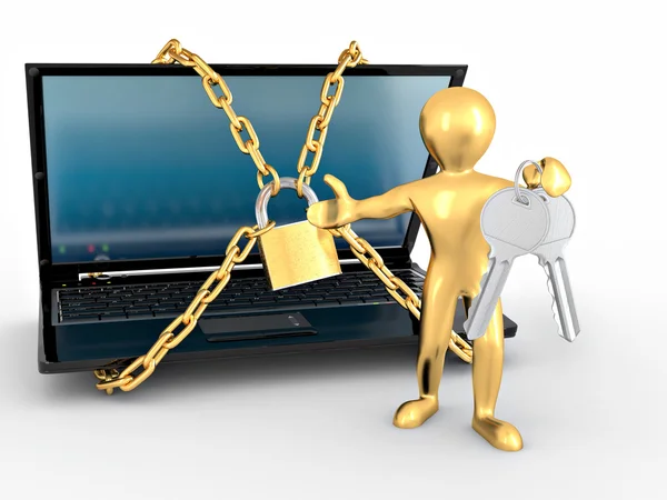 Homens com chaves e laptop com correntes e fechadura — Fotografia de Stock