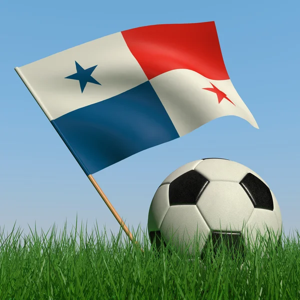 Bola de futebol na grama e a bandeira do Panamá — Fotografia de Stock