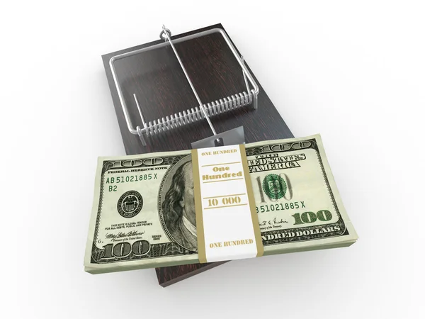 Mousetrap med dollar på vit isolerade bakgrund — Stockfoto