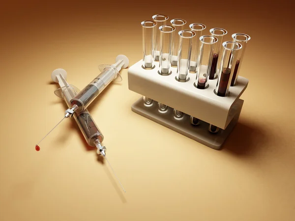 Laboratorium. spuiten met bloed en vele flacks — Stockfoto