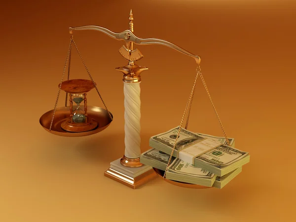 Tid är pengar. pengar och timglas i skala — Stockfoto