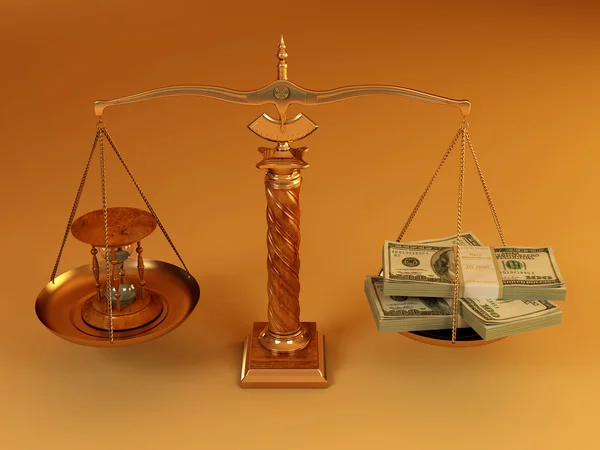 Tid är pengar. pengar och timglas i skala — Stockfoto
