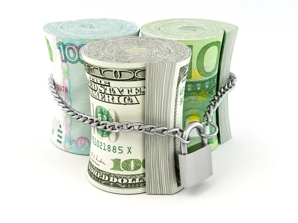 Dollar, euro, ruble on lock — Stock Photo, Image