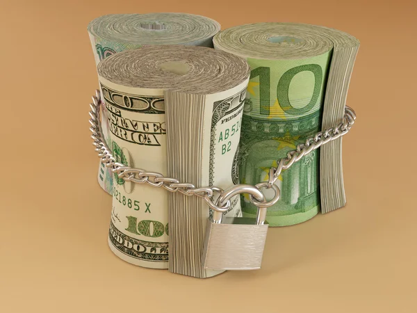 Доллар, евро, рубль на замке — стоковое фото
