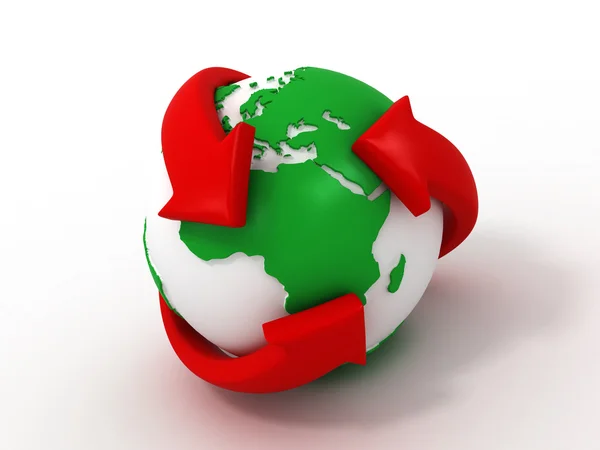 Terra com setas giratórias. Símbolo de reciclagem — Fotografia de Stock