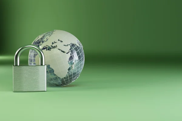 緑色の背景で南京錠と地球 — ストック写真