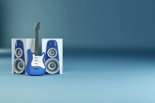 Guitar and louspeakers on blue background — Stock Photo, Image