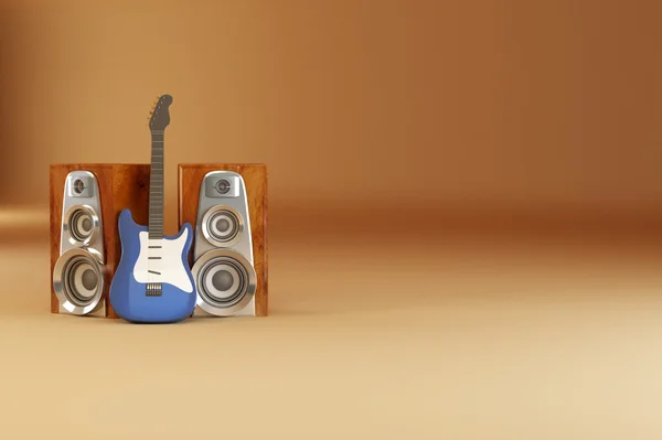 Gitara i louspeakers na żółtym tle — Zdjęcie stockowe