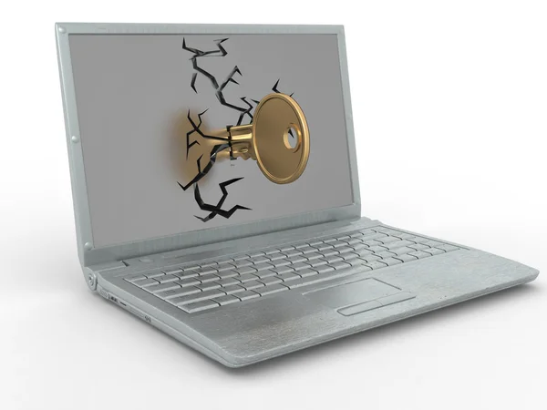 Wachtwoord gehackt. sleutel in laptop op witte geïsoleerde achtergrond — Stockfoto