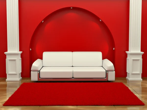 Inteiror. Sofá entre las columnas en habitación roja —  Fotos de Stock
