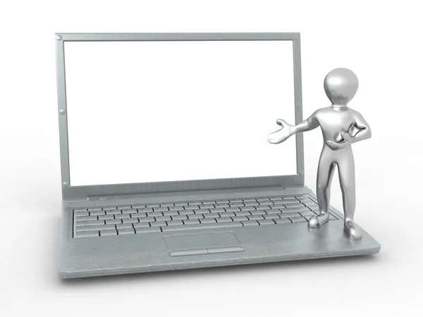 Чоловік з ноутбуком на білому ізольованому фоні — стокове фото