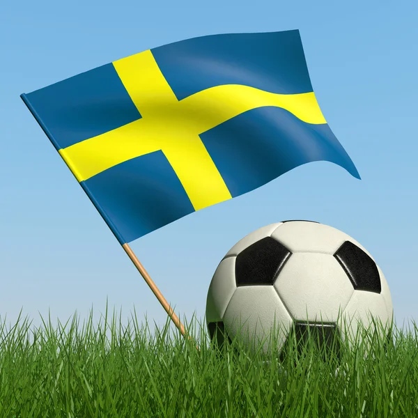 Fußball im Gras und schwedische Fahne. — Stockfoto