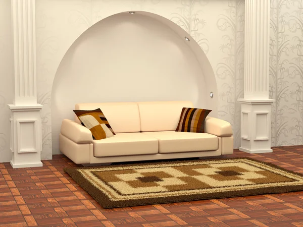 Inteiror. Sofa between the columns in red room — Stock Photo, Image