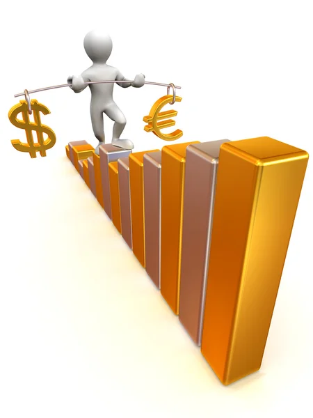 Man going to step schedule. Balance of dollar and euro — Stock Photo, Image