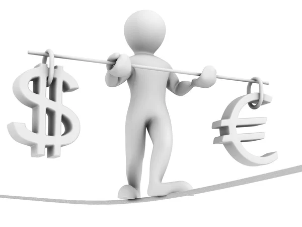 Un hombre caminando sobre una cuerda. Balance del dólar y del euro — Foto de Stock