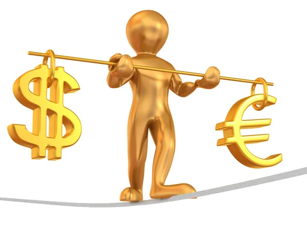 Περπάτημα άνθρωπος στο ένα σχοινί. ισορροπία του δολαρίου και του ευρώ — Φωτογραφία Αρχείου