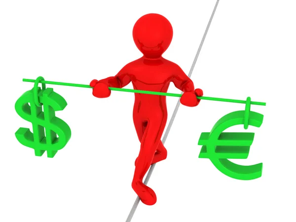 Bir ip üzerinde yürüyen adam. dolar ve euro dengesi — Stok fotoğraf