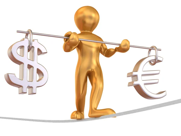 Un hombre caminando sobre una cuerda. Balance del dólar y del euro — Foto de Stock