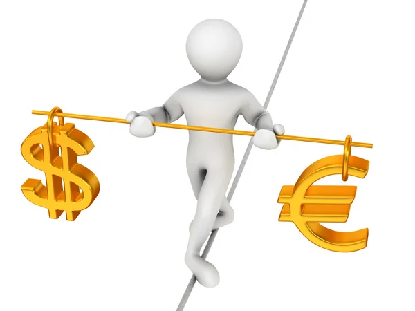 Man lopen op een touw. evenwicht tussen dollar en euro — Stockfoto