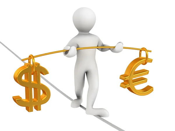 Человек ходит по веревке. Баланс доллара и евро — стоковое фото