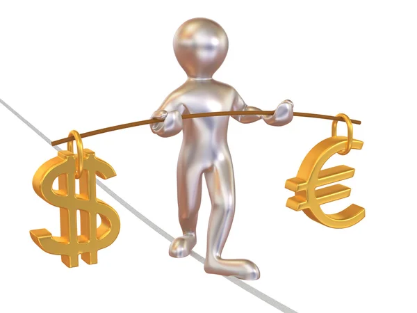 男はロープの上を歩いてします。ドルとユーロのバランス — ストック写真