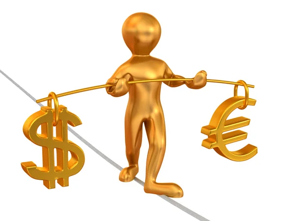 Man går på ett rep. balansen mellan dollarn och euron — Stockfoto
