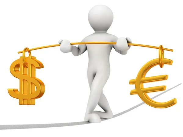 Man går på ett rep. balans mellan dollarn och euron. 3D — Stockfoto