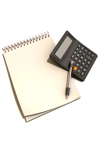 Kalkulator, notatnik i długopis — Zdjęcie stockowe