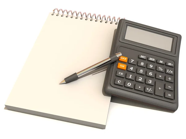 Calculadora, cuaderno y pluma — Foto de Stock